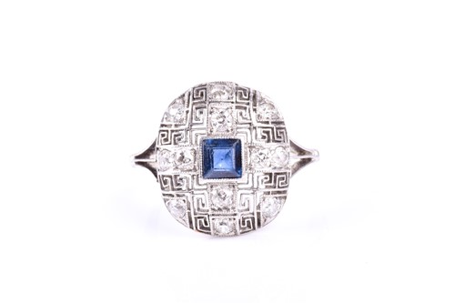 Lot 507 - An Art Deco diamond and sapphire cluster ring,...
