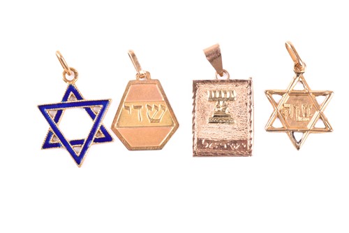 Lot 423 - A group of four yellow metal Judaica charms,...