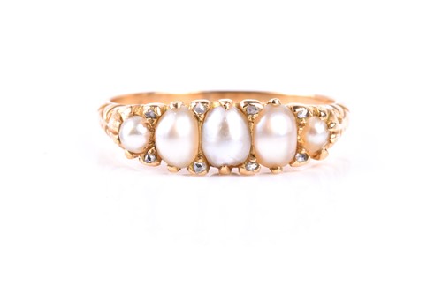 Lot 424 - A yellow metal, diamond, and pearl ring, set...