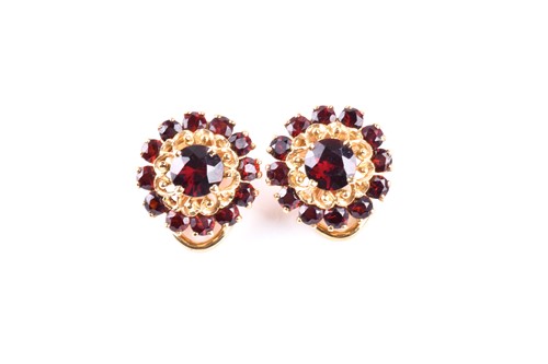 Lot 540 - A pair of garnet cluster earrings, the...