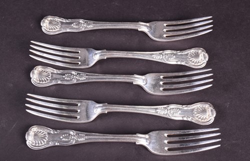 Lot 89 - A set of five William IV silver dinner forks,...