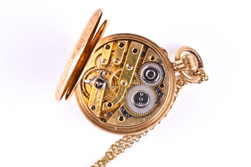 Lot 190 - A yellow metal fob watch, with open white...