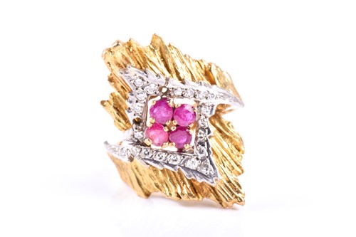 Lot 489 - A yellow metal, diamond, and ruby ring, in the...