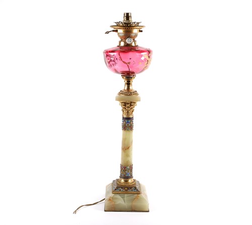Lot 391 - A Victorian onyx and champleve enamel oil lamp,...