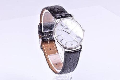 Lot 184 - A Longines stainless steel wristwatch, the...