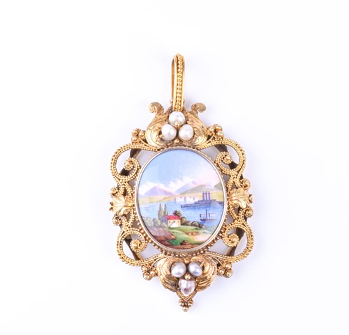 Lot 903 - A 19th century porcelain pendant; the oval...