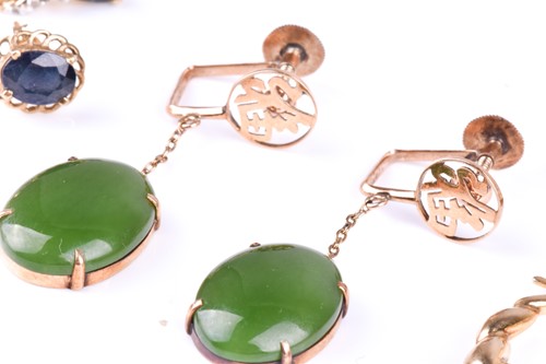 Lot 353 - A pair of yellow metal and jade drop earrings,...