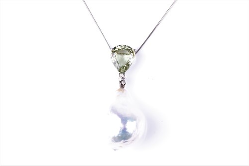 Lot 357 - A peridot and pearl pendant, set with a...