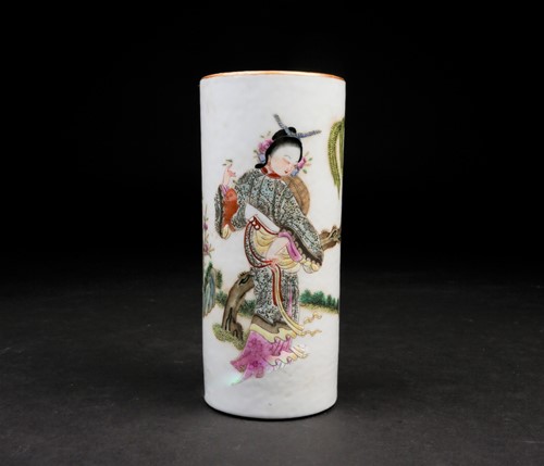 Lot 234 - A Chinese cylindrical brush pot, painted with...