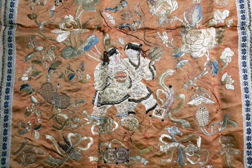 Lot 216 - A Chinese silk and gilt thread embroidery,...