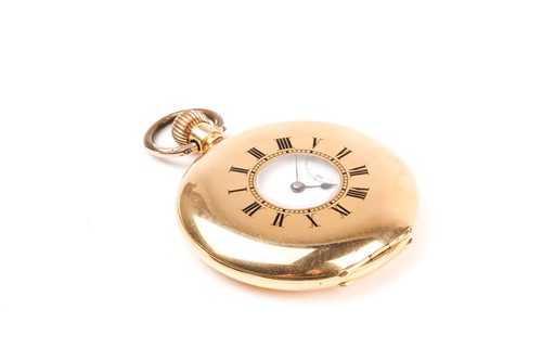 Lot 558 - An 18ct yellow gold half hunter pocket watch,...