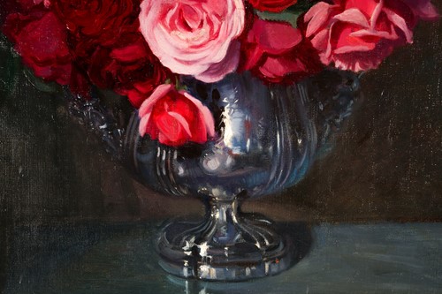 Lot 18 - A 20th century still life study, roses in a...
