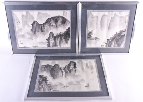 Lot 169 - Three Chinese prints of misty mountain and...
