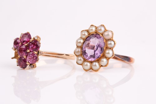 Lot 183 - A yellow metal, amethyst, and pearl cluster...