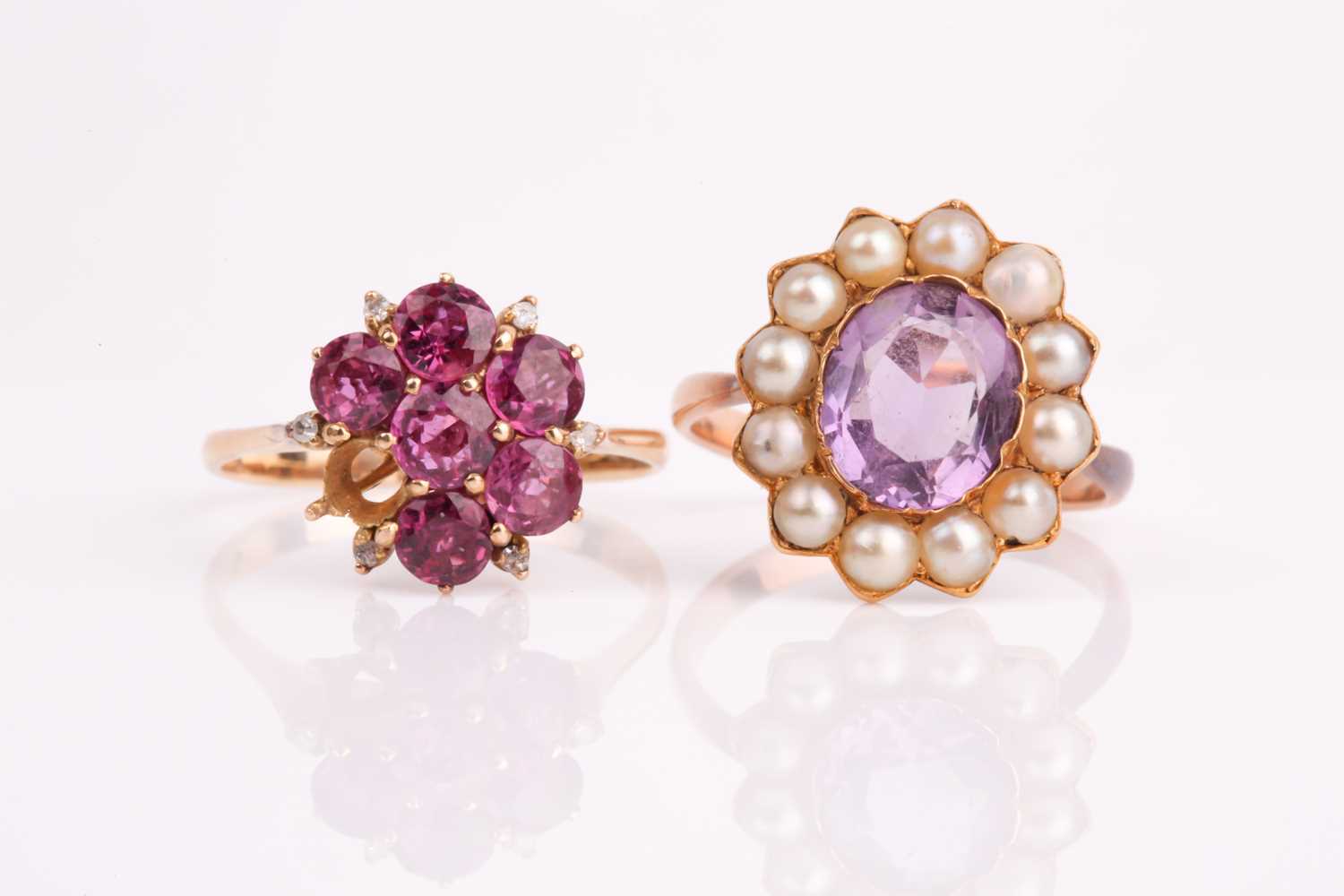 Lot 183 - A yellow metal, amethyst, and pearl cluster...