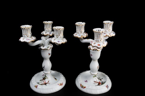 Lot 375 - A pair of Herend porcelain three-sconce...