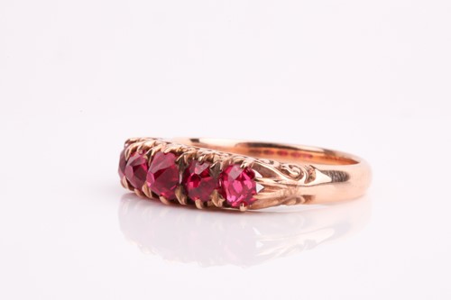 Lot 187 - A five stone half hoop spinel ring, the...