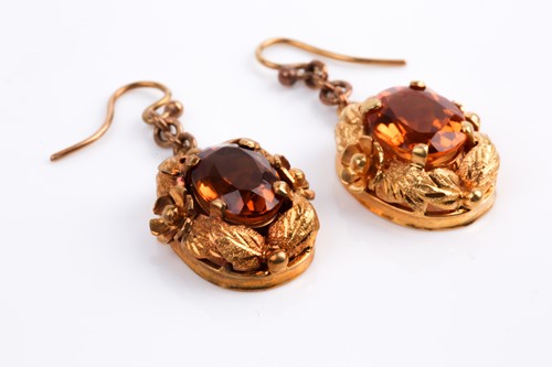 Lot 32 - A pair of yellow metal and citrine earrings,...