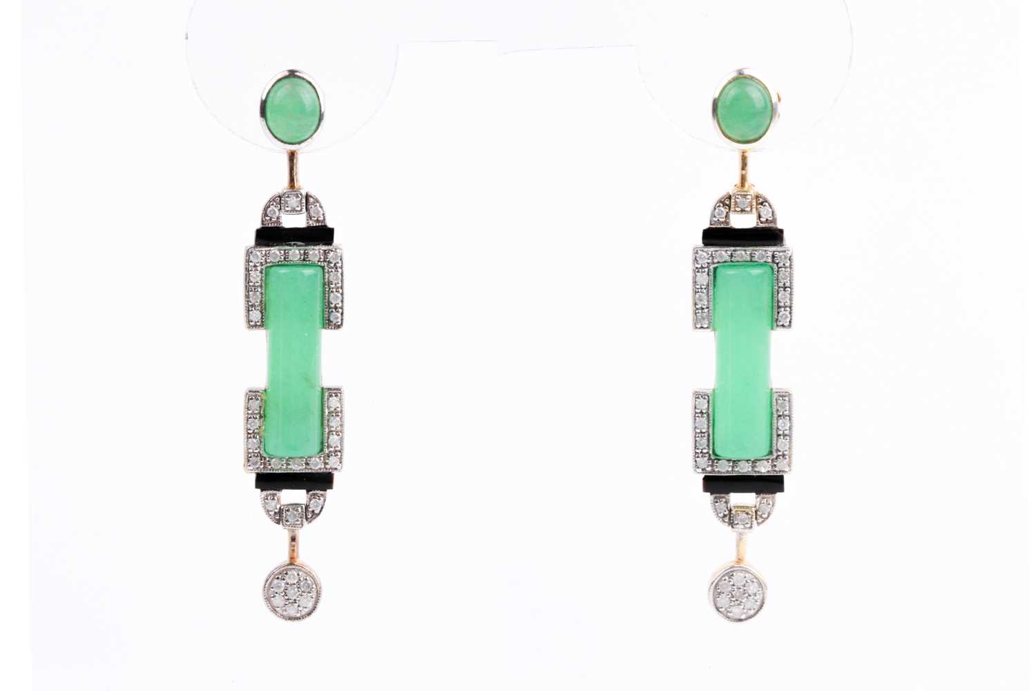 Lot 406 - A pair of Art Deco style green onyx, diamond...