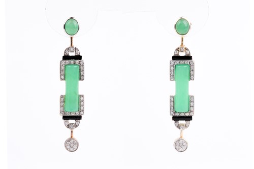 Lot 406 - A pair of Art Deco style green onyx, diamond...
