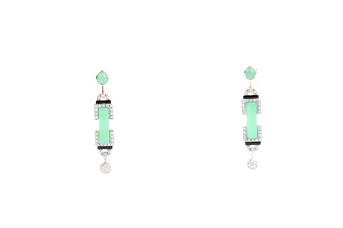 Lot 406 - A pair of Art Deco style green onyx, diamond...