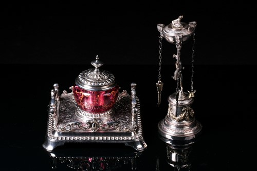 Lot 420 - A Victorian silver plated inkwell with a...