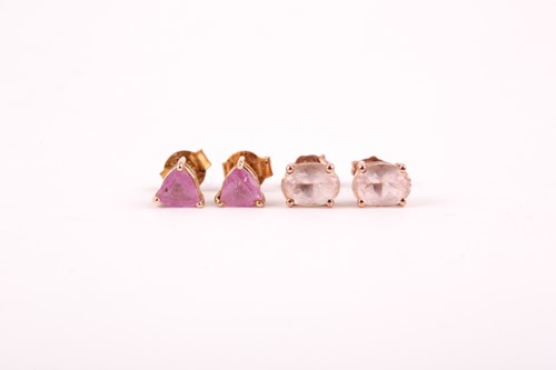 Lot 30 - A pair of trillion cut single stone pink...