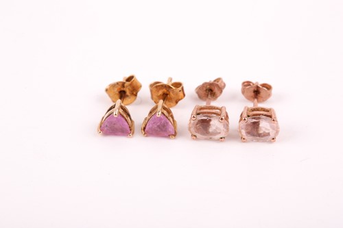 Lot 30 - A pair of trillion cut single stone pink...