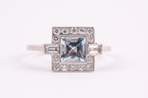 Lot 146 - A platinum, diamond, and aquamarine ring, in...