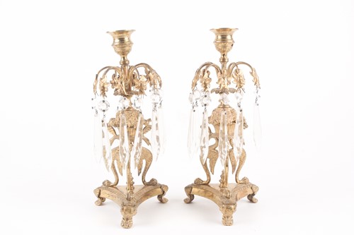 Lot 380 - A pair of Regency ormolu candle lustres, with...