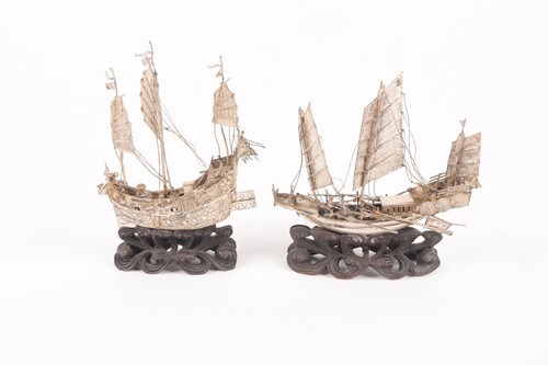 Lot 153 - Two Chinese silver models of junks, circa 1900,...