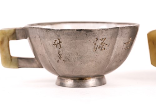 Lot 207 - Four Chinese pewter, jade and Yixing teacups,...