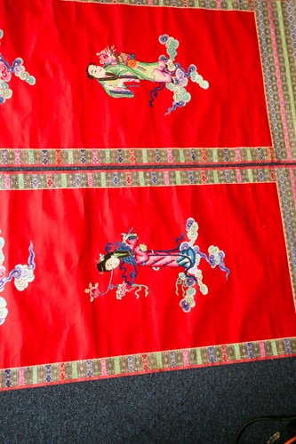 Lot 222 - A pair of Chinese silk embroidered wall...