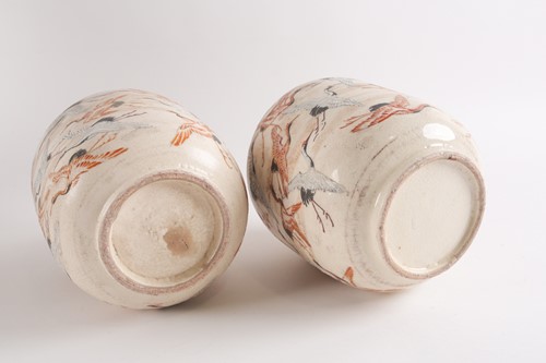 Lot 3 - A pair of Japanese Satsuma bottle vases,...