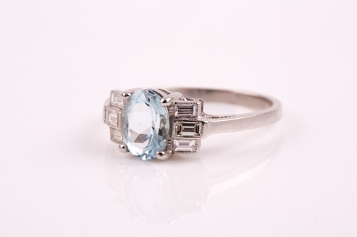 Lot 49 - A platinum, diamond, and aquamarine ring, in...