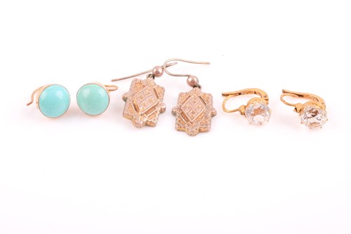 Lot 56 - A pair of yellow metal and turquoise earrings,...