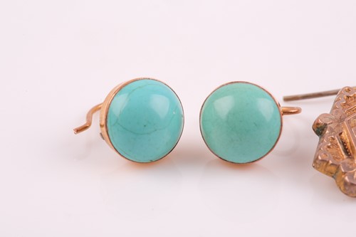 Lot 56 - A pair of yellow metal and turquoise earrings,...