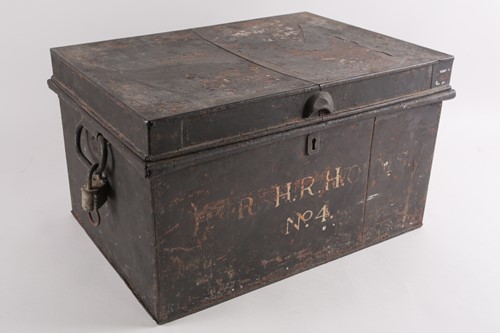 Lot 353 - A late 19th-century metal deeds chest, painted...