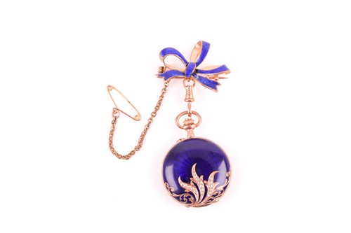 Lot 175 - A 14k yellow gold and cobalt blue enamel fob...