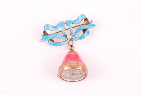 Lot 121 - A silver gilt and pink enamel pendant fob...