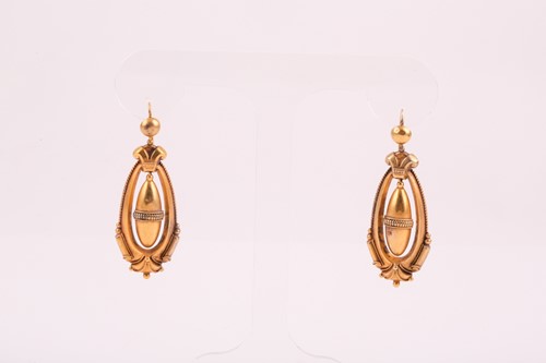Lot 111 - A pair of Victorian yellow metal drop earrings,...