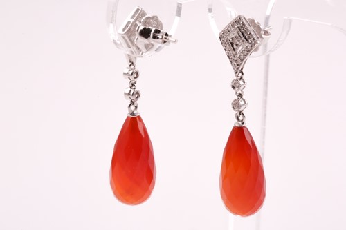 Lot 21 - A pair of diamond and carnelian drop earrings,...