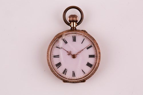 Lot 412 - A ladies 14K gold fob watch, the rose enamel...