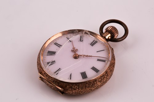Lot 412 - A ladies 14K gold fob watch, the rose enamel...