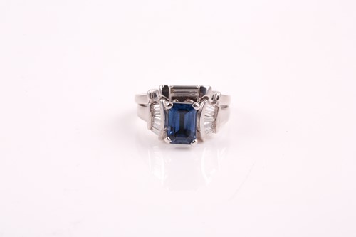 Lot 371 - A 14ct white gold, diamond, and sapphire ring,...