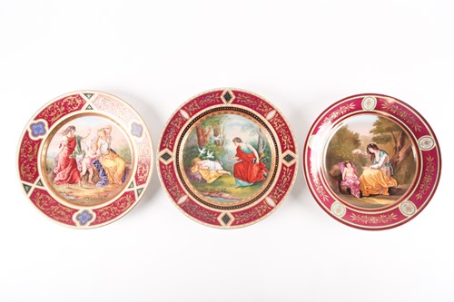 Lot 364 - Three Vienna style porcelain cabinet plates,...