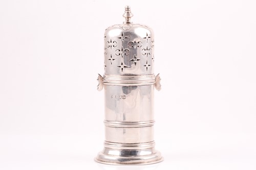 Lot 587 - A silver sugar caster of cylindrical form with...