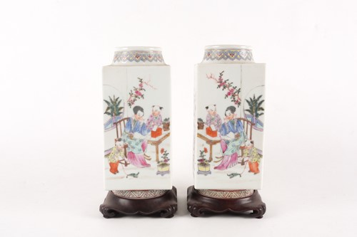 Lot 42 - A pair of Chinese famille rose 'Cong' vases,...