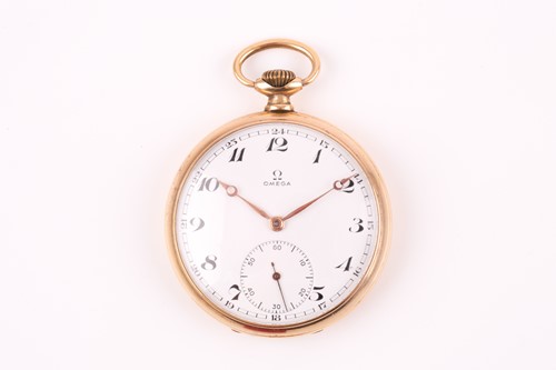 Lot 637 - An Omega gold plated pocket watch, the white...