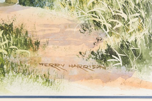 Lot 163 - Terry Harrison, Bluebells by a stream with...